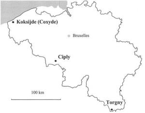 Localisation de Coxyde, Ciply et Torgny© KATZENBERG M. Anne, POLET Caroline
